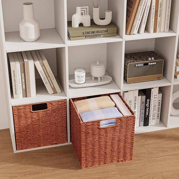 Vagusicc Wicker Storage Basket, Set of 2 Hand-Woven Paper Rope Wicker Baskets, Foldable Cube Storage Bins, 11 inch Storage Basket, Square Baskets for Organizing Shelves & Decor, Orange (11″×11″×11″)