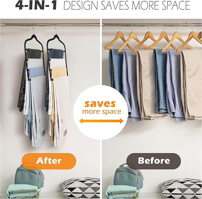 Velvet Pants Clothes Hanger Space Saving Non Slip Pants Shorts Hanger, Myfolrena Jeans Slack Trousers Hangers Multiple Velvet Hanger Closet Storage and Organization for Jeans,Scarf,Tie(Black, 5)