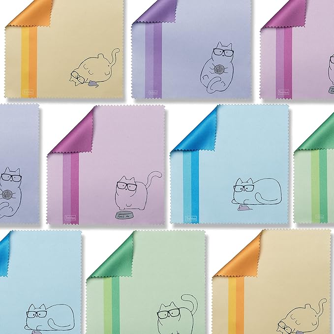 10 Pack Cute Kitty Cat Design Multicolor Microfiber Cleaning Cloths for Cleaning Eyeglasses Lenses Sunglasses and Cell Phone Beautifully Designer Colors Blue Pink Yellow Purple Green Cloth Wipes