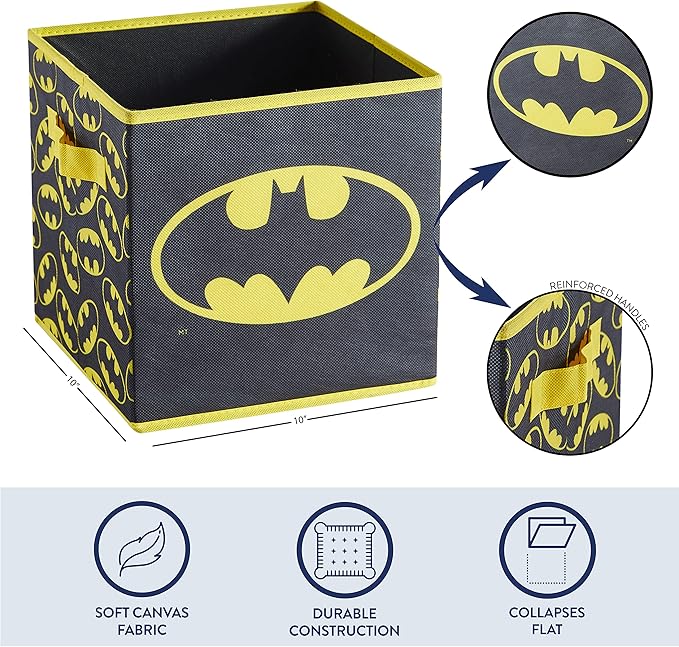 Batman Collapsible Storage Cubes – Set of 2 Foldable Fabric Bins for Kids – Organizer Boxes with Iconic Logo – Closet & Toy Storage – Black Superhero Cube Containers