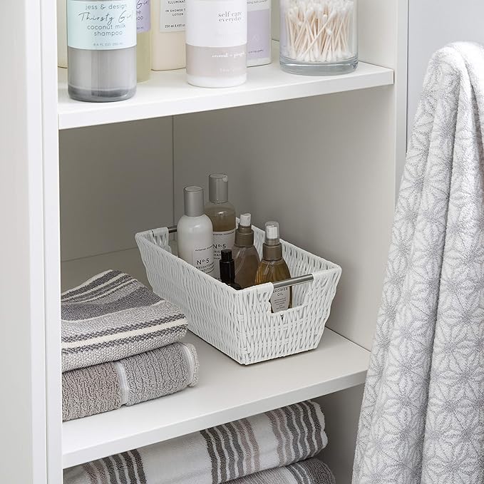 Simplify 11"x6.5"x4.5" Small Shelf Storage Woven Basket with Handles, Nursery, Playroom, Toys, Bedroom, Closet, Clothes, Office, Decorative Rattan Totes, White