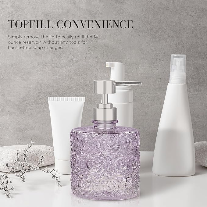 Marcella Glass Soap Dispenser with Soap Pump, Refillable 14 Ounce Capacity, Floral Design Rose Patterns, Heavy Weight Thick Glass for Bathroom, Premium Kitchen Soap Dispenser (Lavender Frost)