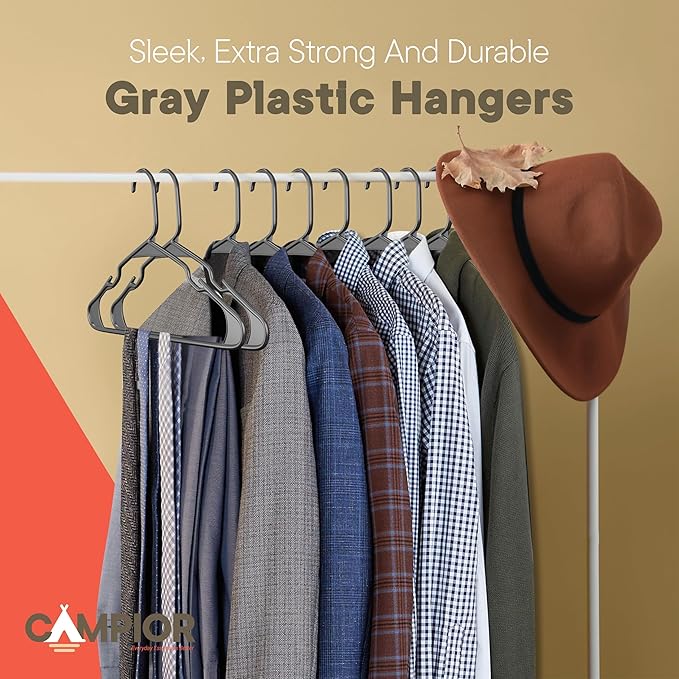 Gray Plastic Hangers 50 Pack– Heavy-Duty Plastic Hangers Slim and Space-Saving, Durable and Lightweight PP with Non-Slip Shoulder Notches for Slip Dresses, Suits, Jackets & Camisoles