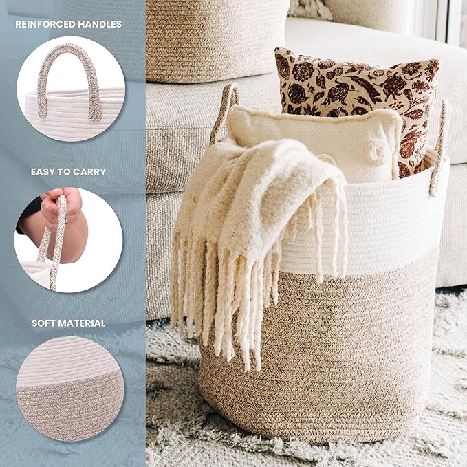 OrganiHaus Large Brown Woven Laundry Basket w/Handles 52L, Rope Dirty Clothes Hamper, Blanket Basket for Living Room, Baby Laundry Hamper for Nursery, Soft & Durable Decorative Organizer Bin