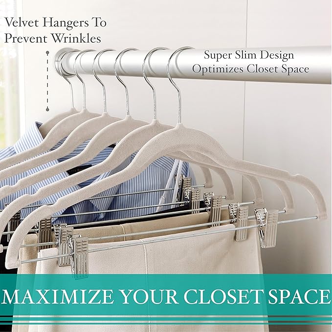 Simplify 60 Pack Velvet Hangers with Clips | Skirt and Pants | Slim Space Saving | Closet Organization | Non-Slip | Prevent Creases | Swivel Neck | Durable | Ivory