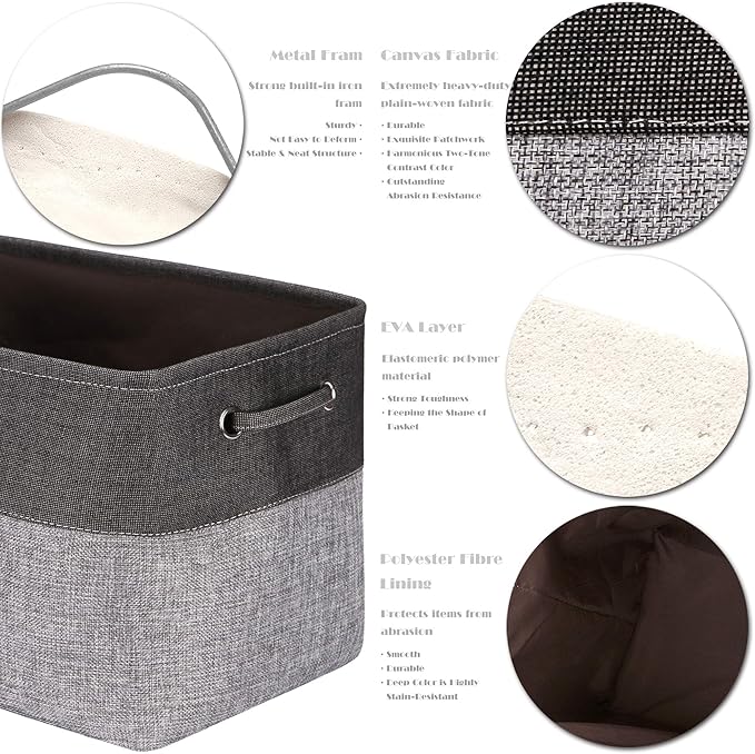 Sea Team 3-Pack Large Storage Basket Set, Trunk Organizer, Clothes Toys Bin, 15 x 10 x 10 Inches, Big Rectangular Canvas Fabric Collapsible Shelf Box with Handles for Kids Room (Grey/Black)
