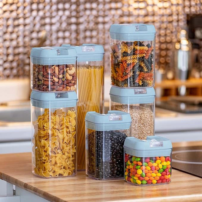Set of 7 Airtight Food Storage Containers - Pantry Organizer Bins, BPA Free Plastic Containers plus Dry Erase Marker and Labels, Blue