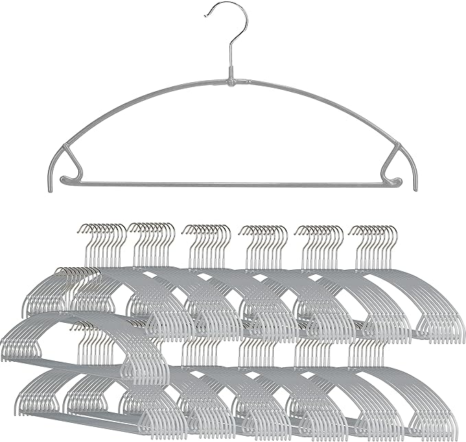 Mawa by Reston Lloyd Euro Ultra Light/Thin Series, Non-Slip Space Saving Clothes Hanger with Bar & Hook for Pants and Skirts, Style 42/PTU, Set of 130, Silver