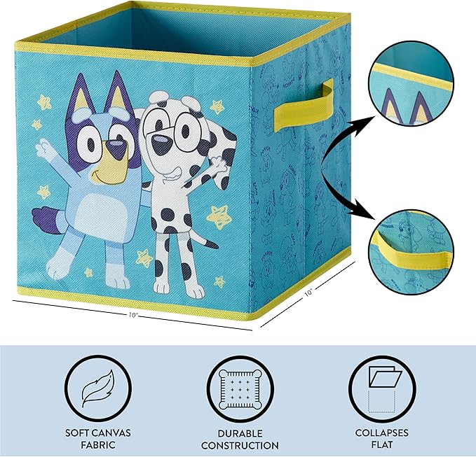 Bluey Set of 2 Collapsible Storage Cubes,10"x10"x10" Fabric Bins for Kids, Spacious Foldable Toy Organizer Boxes for Bedroom, Playroom, or Closet