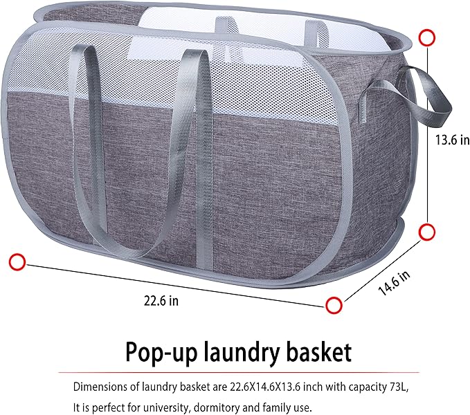 Pop Up Laundry Hamper，with Durable Handles collapsible laundry basket，Easy to Open and Fold for college Dorm,kids room，travel (Gray)…