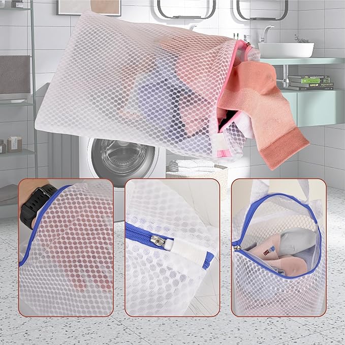 3-PACK Hanging Mesh Laundry Bags with S Metal Hooks,10x12 Inch Hanging Socks Laundry Bags for Washing Machine