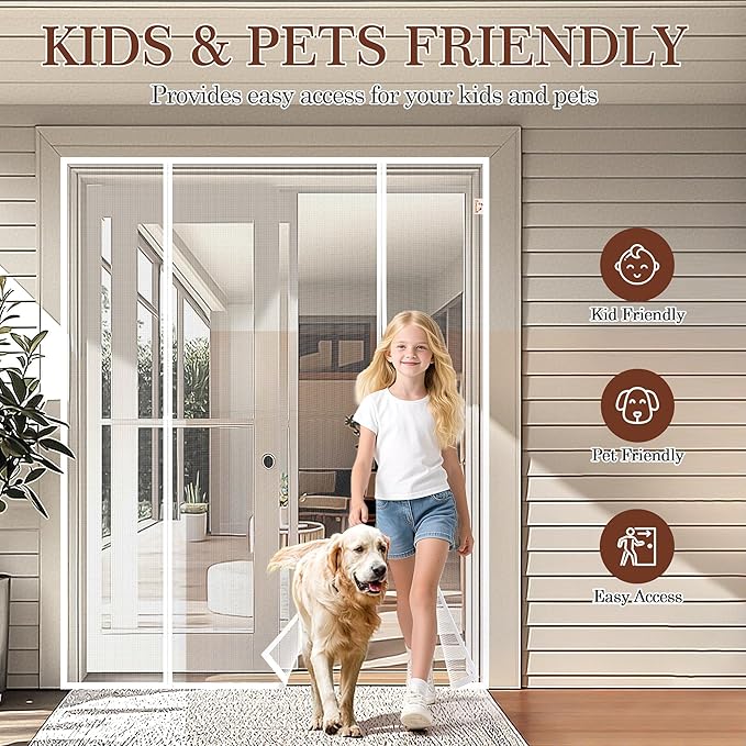 yotache White Magnetic Screen Door Fit 62" x 80" Doors, Screen Size 64" x 81" Double Door Net Curtain for Sliding Door