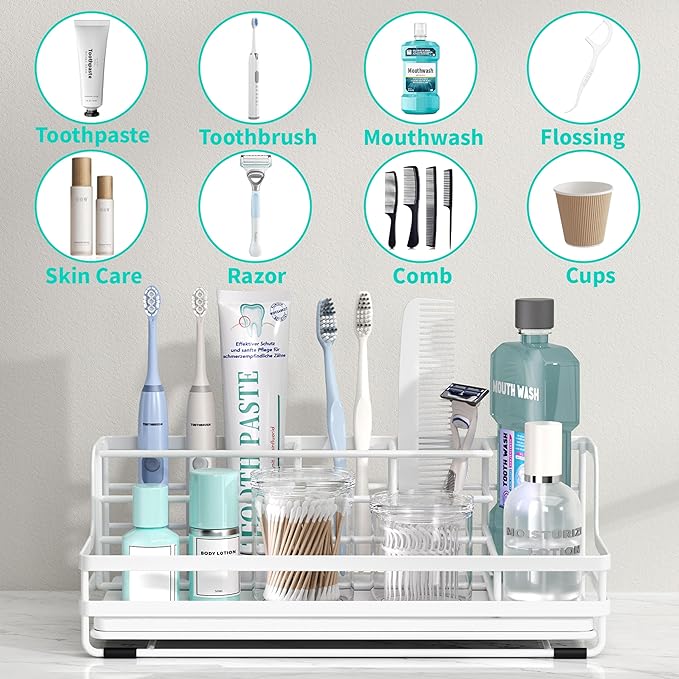 HapiRm Toothbrush Holders for Bathroom - 5 Partitions Bathroom Counter Organizer with Instant Drying Stone, Stainless Steel Countertop Storage Electric Toothbrush Toothpaste Holder - White