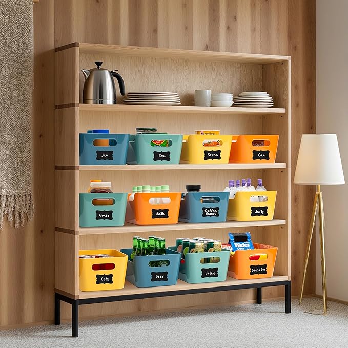 Tiawudi 12 Pack 4.5L Storage Bins, Plastic Storage Baskets for Home Classroom Organization, Multi-Use Organizer Bins for Cabinet, Pantry, Drawer, Closet, Countertop or Shelves, Colorful Containers