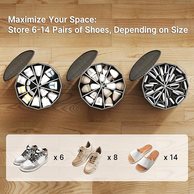 Vailando Shoe Organizer for Closet - Cylindrical Shoe Storage Organizer with Adjustable Dividers for Closet, Foldable Shoe Storage Box, Gray, 2-Pack, Large