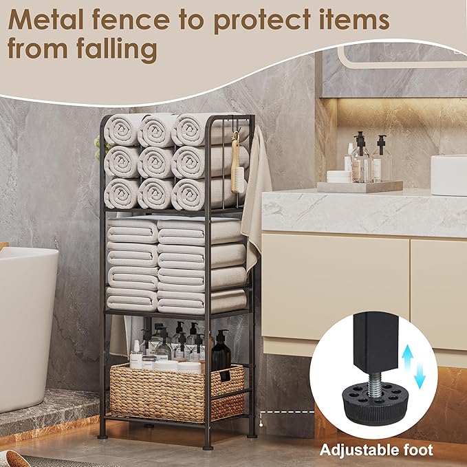Standing Towel Racks for Bathroom 3-Tier, Durable Metal Towel Rack Stand, Pool Items Holder, M-Shaped Detachable Dividers for Towel Storage, Space-Saving Storage Organizer Black, Patent Pending