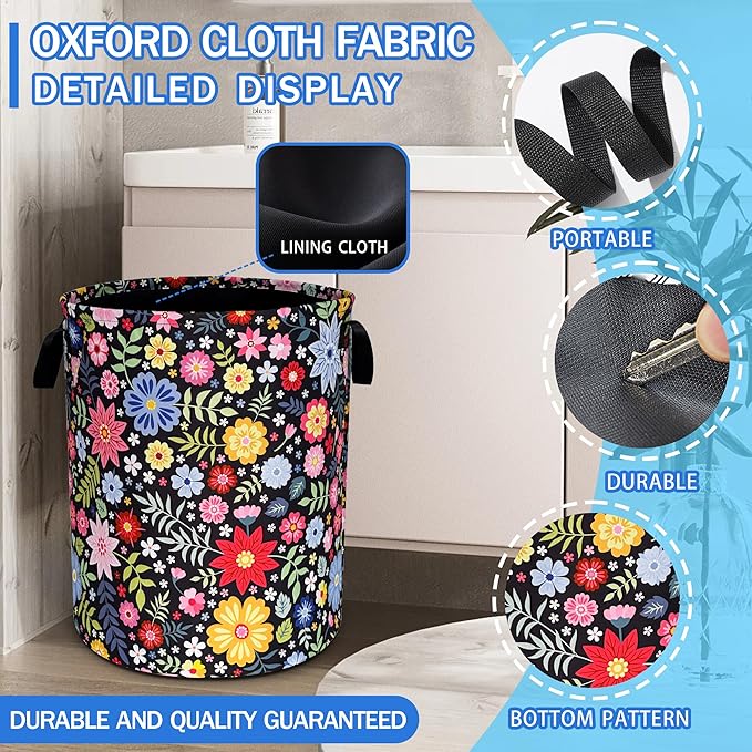 Colorful Folk Flowers Laundry Basket Oxford Cloth Floral Laundry Hamper With Handle Foldable Portable Clothes Storage Basket 18.9 X 16.5 In Storage Bag For Laundry Room/Bathroom/Bedroom/Dormitories