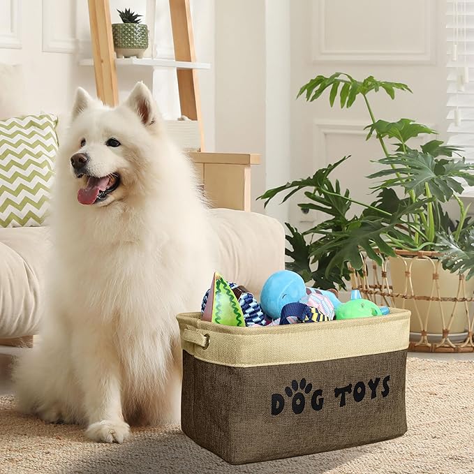 PET ARTIST Dog Toy Basket, Collapsible Dog Toy Bin Box with Comfortable Handles, Large Pet Toy Storage Organizer for Accessories, Toys, Coat & Clothing, Blanket & Leash, Brown, 15"x11"x9"