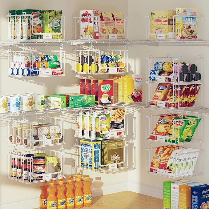 4-Tier Hanging Laundry Room Organizer with Label Cards,Foldable Wire Shelf Basket with 4 Rotating Hooks,Stacked Laundry Basket Organizer,Storage Rack for Laundry Rooms,Closet and Pantry-White