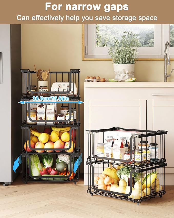 UMDONX 4 Pack Stackable Wire Baskets Storage Bins for Fruits, Vegetables, Potatoes & Onions | Pantry, Countertop, Laundry Organizer | Heavy Duty & Space Saving Black