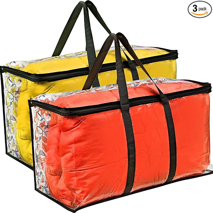 2 Pack Clear Large Moving Bags, Heavy Duty Storage Bags, College Totes, Storage Bins, for Organizing Blankets, Clothing for College, Dorm, Packing, Durable with Zipper and Handle 25x14x12