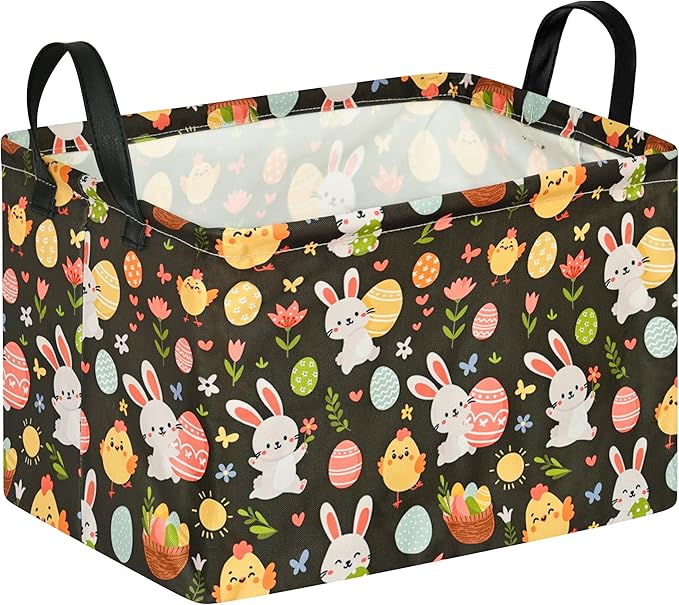 Easter Storage Basket Eggs Bunny Flower Gifts Cube Waterproof Storage Bins Organizer,Foldable Closet Shelf Baskets with handles for Women,Nursery Hamper Toys Box,Room Decorations
