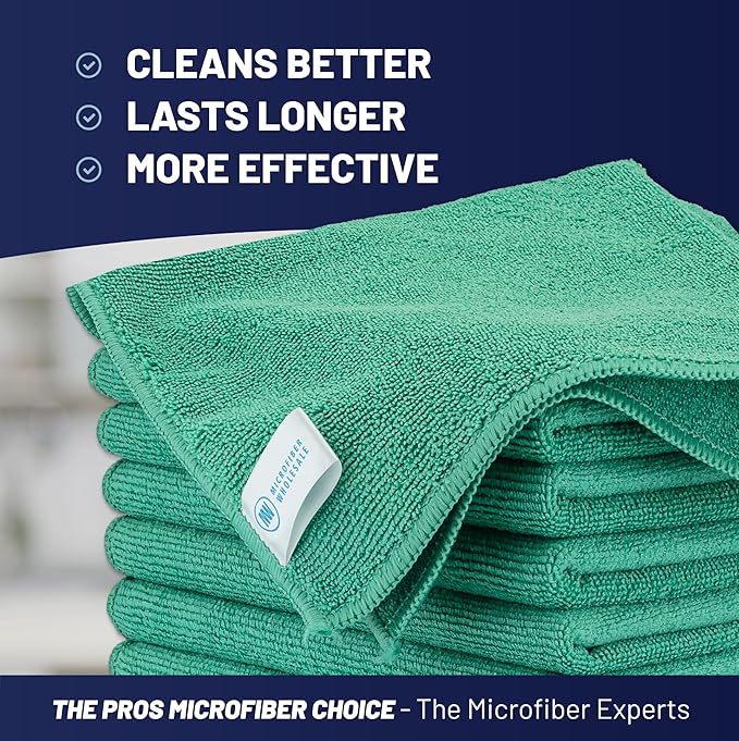 MW PRO Microfiber Cleaning Cloths (12 Pack, 12"x12", Green) - Commercial Grade Housekeeping Towels & Janitorial Rags - Lint Free & Streak Free for Windows, Glass & Auto Detailing - Washable 300+ Times