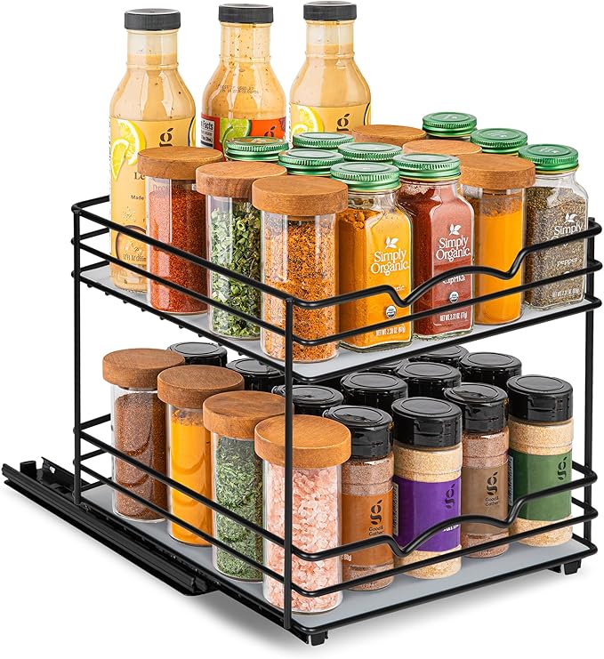 Pull Out Cabinet Organizer for Spices, Cans - Heavy Duty with Lifetime Limited Warranty- Pull Out Spice Rack- Cabinet Pull Out Shelf for Cans,Dishes, Etc, 20-3/8"Wx 10-1/2"D x 2-3/4” H, Black