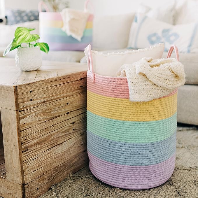 OrganiHaus Large Rainbow Woven Laundry Basket w/Handles 52L, Decorative Toy Storage Bin for Nursery, Colorful Blanket Basket for Playroom, Baby Laundry Hamper, Fun Kids Room Decor Organizer
