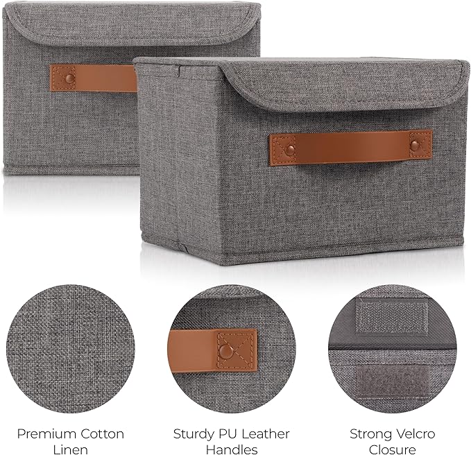 Decorative Linen Storage Boxes with Lids - Spacious Set of 2 Organizer Bins for Your Home Decor - The Perfect Small Container to Safely Store Photos, Documents and Memory Box Keepsakes in Style