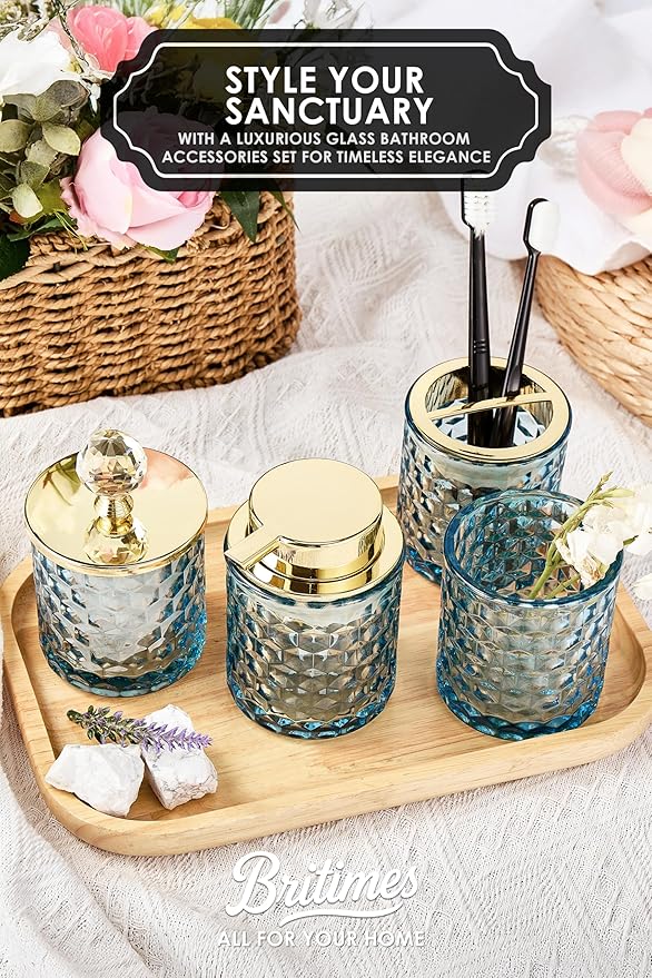 Blue Bathroom Accessories, 4Pcs Blue Bathroom Accessory Set Complete, Toothbrush Holder Set, Soap Dispenser, Qtip Holder, Tumbler, Perfect for Bathroom Decor and Vanity