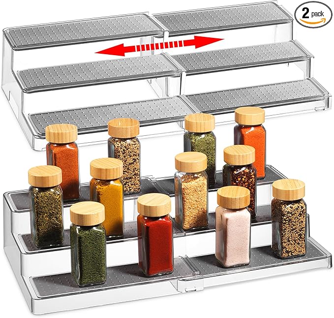 Oizeir Expandable Spice Organizer Rack (2-PACK) - 3-Tier - Clear Adjustable Tiered Shelf Spices Organization for Kitchen Cabinet and Pantry Storage