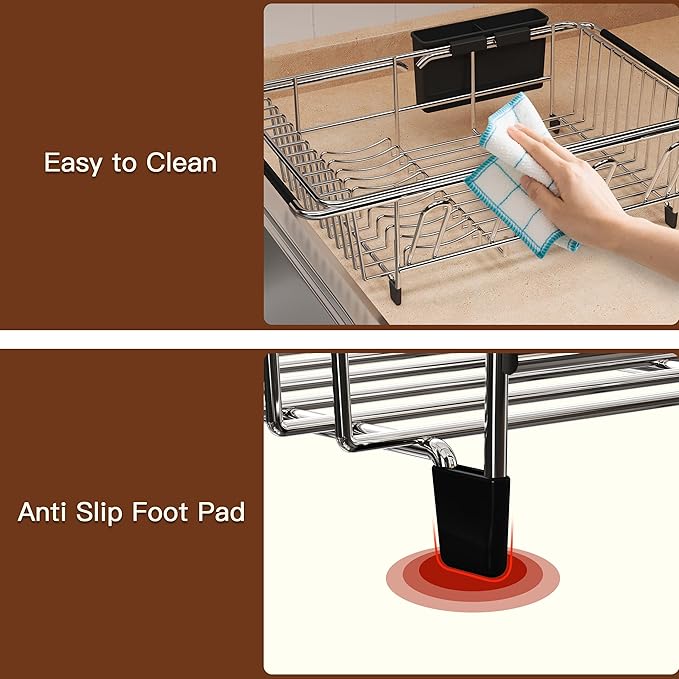 Over the Sink Expandable Dish Drainer Drying Rack In Stainless Steel for Small Kitchen, Counter Space Saving Modern Compact Metal Above Plate Dryer Strainer, Adjustable Hanging Inside Drain Holder
