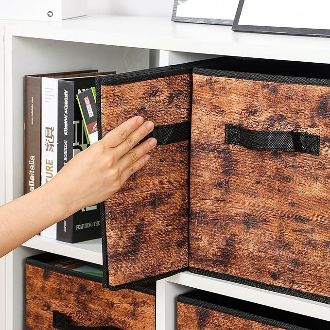 Stero Fabric Storage Cubes, 8 Pack Foldable Storage Bins with Handle, 11 InchBox for Shelves, Closet, Organizer, Rustic Brown and Black