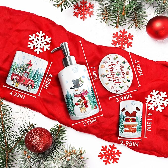 Christmas Bathroom Decor, Christmas Bathroom Accessories Set 4, Snowman Soap Dispenser, Gnome Truck Toothbrush Holder, Merry & Bright Soap Dish