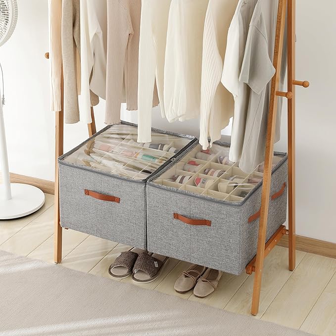Shoe Organizer for Closet, Foldable Large Shoe Storage Bins with Clear Cover, Removable Partitions and Bottom are Supported by Plastic Boards (Grey, 20.5“Lx16.9 Wx13'H)