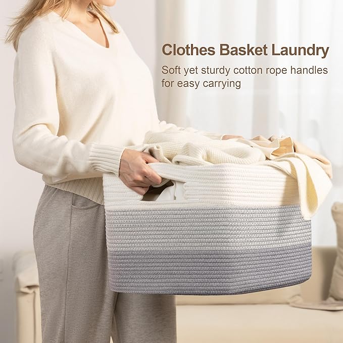 86L Extra Large Laundry Basket with Leather Handles for Living Room Storage, Woven Rope Baskets for Blanket, Kids Toy, Gifts, Wicker Hamper for Bedroom Dirty Clothes, 24"x16"x14" Gradient Grey