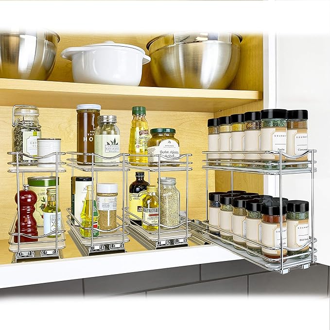 LYNK PROFESSIONAL® Pull Out Spice Rack Organizer for Inside Kitchen Cabinets - 4-3/8 inch Wide - Slide Out Drawer – Chrome Sliding Spice Organization for cabinet - Spice Racks - 2 Tier