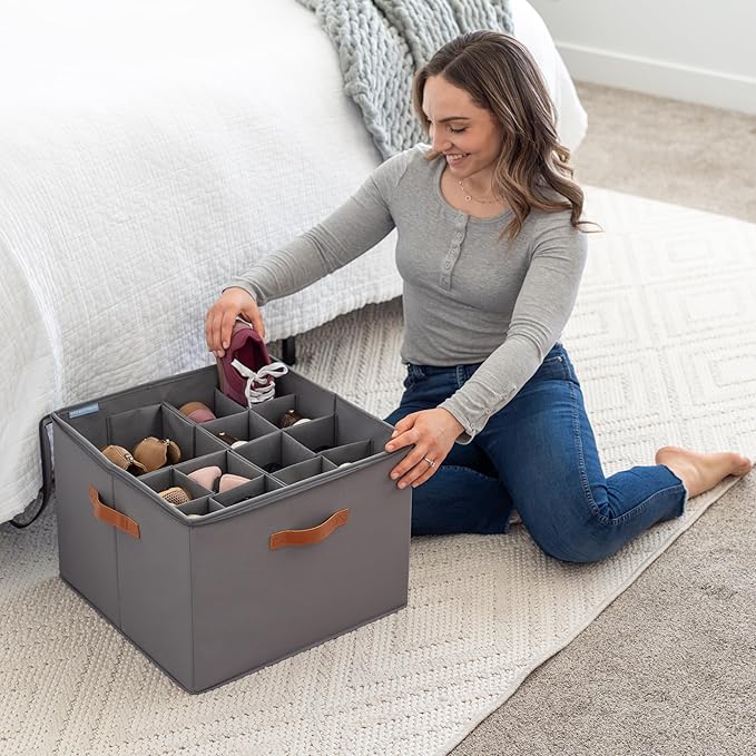 OrganiHaus Shoe Organizer for Closet and Entryway, Fits up to 16 Pairs, Large Shoe Storage Box, Collapsible Shoes Storage Bin, Shoes Container w/Reinforced Handles and Clear Cover - Gray