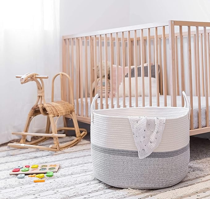 OrganiHaus Large Woven Storage Basket for Blankets and Toys 20" x 13" Inch, Rope Laundry Basket with Handles, Cushions & Pillows Storage Bin, Nursery Hamper, Soft Round Dog Toy Bin - Gray Stripe