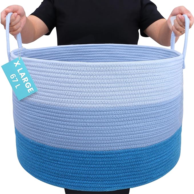 OrganiHaus Large Woven Storage Basket for Blankets and Toys 20" x 13" Inch, Rope Laundry Basket with Handles, Cushions & Pillows Storage Bin, Nursery Hamper, Soft Round Dog Toy Bin - Blue