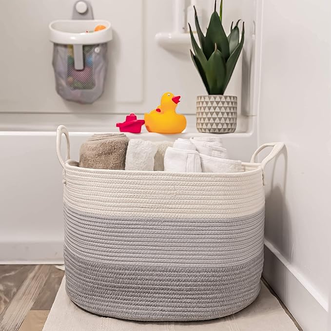 OrganiHaus Large Woven Storage Basket for Blankets and Toys 20" x 13" Inch, Rope Laundry Basket with Handles, Cushions & Pillows Storage Bin, Nursery Hamper, Soft Round Dog Toy Bin - Gray