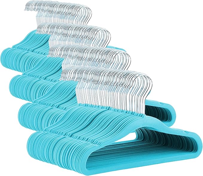 Amazon Basics Kids Velvet, Non-Slip Clothes Hangers for Infant and Toddler, 11.6 inches (for Baby Clothes), 50 Count, Blue (Pack of 4)