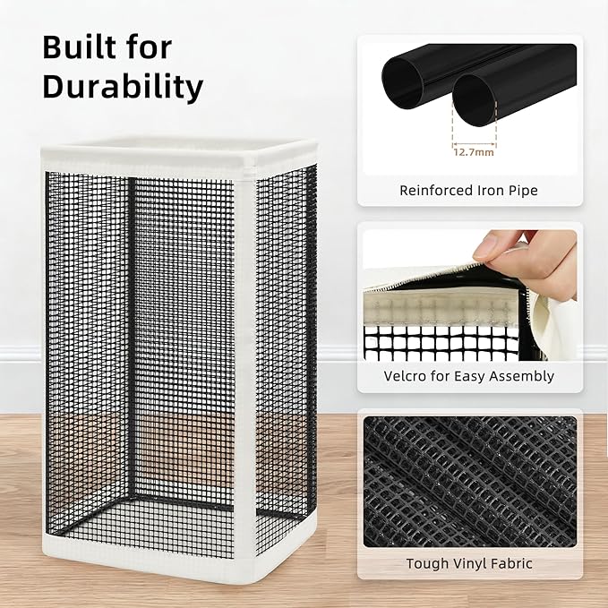 STORAGE MANIAC Mesh Laundry Hamper, 23.7 Gal. Tall Laundry Basket for Airflow, Strong Metal Dirty Clothes Hamper for College Dorm, Bedroom, Bathroom, Clothes Bin, White & Black