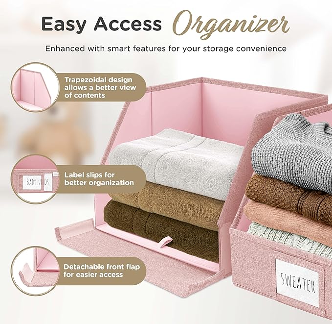 VIVIDECOR Closet Bins for Organization – 12x12x10 Foldable Boxes for Clothes, Fabric Trapezoid Storage Bins, Storage Baskets, Decorative Storage Baskets, Sweaters, Baby Clothes, Nursery– Pink, 3 Pack