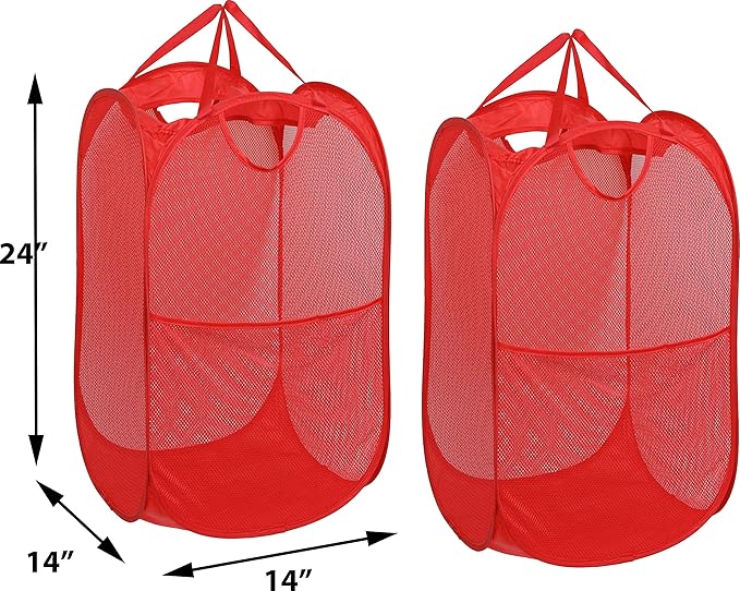 Simple Houseware Mesh Pop-Up Laundry Hamper Basket with Side Pocket, Red - 2 Pack