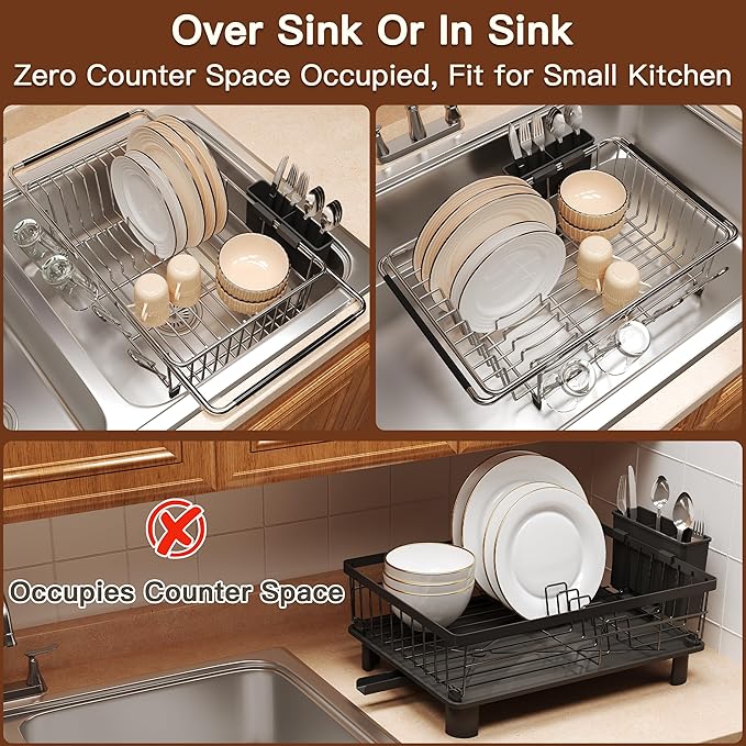 Over the Sink Expandable Dish Drainer Drying Rack In Stainless Steel for Small Kitchen, Counter Space Saving Modern Compact Metal Above Plate Dryer Strainer, Adjustable Hanging Inside Drain Holder