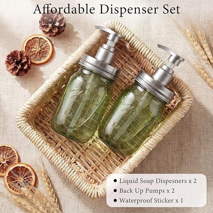 Amolliar Plastic Mason Jar Soap Dispenser with Pump Lid,16OZ Refillable BPA-Free Hand Soap Dispenser Set with Cute Lables, Farmhouse Decor for Kitchen/Bathroom, Liquid Dish Soap, Lotion(2 Pack, Green)