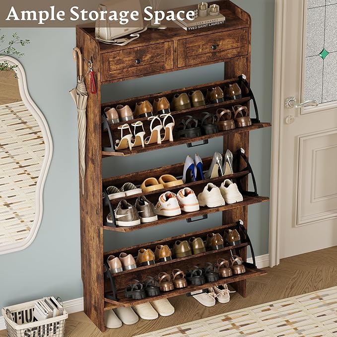 BORNOON Shoe Storage Cabinet for Entryway, Farmhouse Narrow Shoe Cabinet with 3 Flip Drawers & 2 Top Drawers, Adjustable Shelves & Hooks, Freestanding Hidden Rack Organizer for Hallway, Foyer