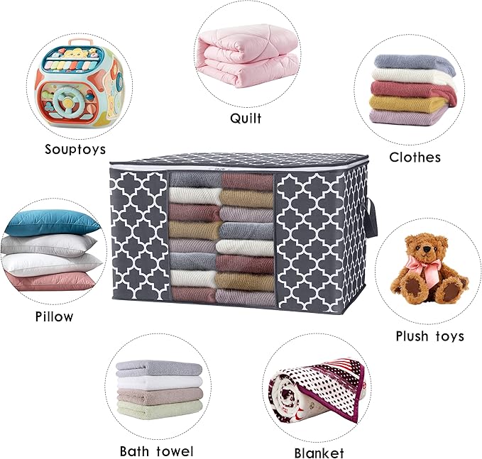 WISELIFE Storage Bags, Large Blanket Clothes Organization and Storage Containers for Bedding, Comforters, Foldable Organizer with Reinforced Handle, Clear Window,Sturdy Zippers,(Grey, 4 x 100L)